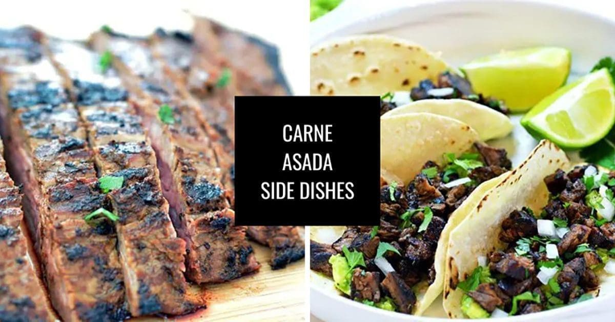 Side by side photos of carne asada meat and carne asada tacos for What To Serve With Carne Asada post.