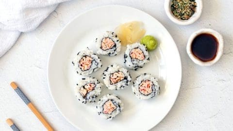 Spicy Krab Roll on a white plate.