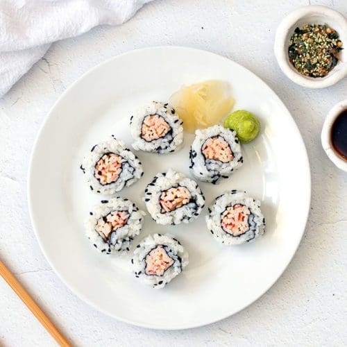 Spicy Krab Roll on a white plate.