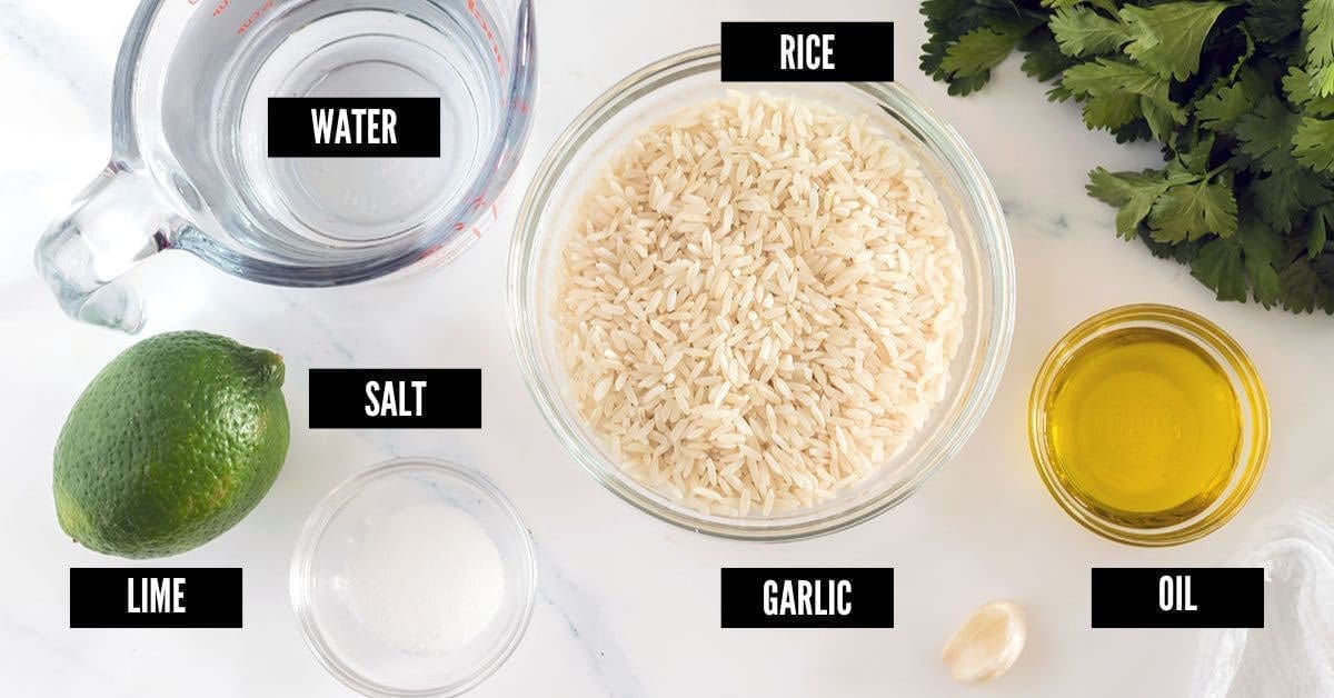 Labeled photo showing ingredients to make cilantro lime rice.