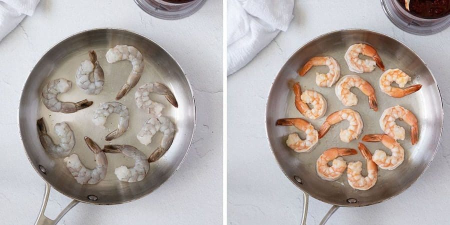 side by side photo of raw and uncooked shrimp in skillets.