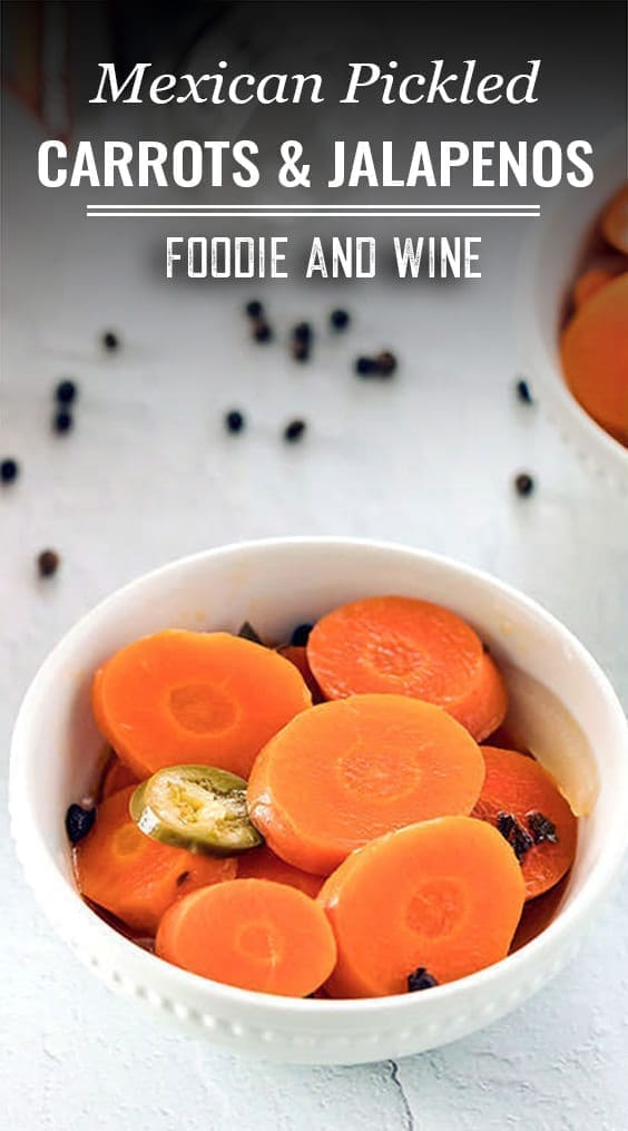 Pinterest pin showing pickled carrots with text "mexican pickled carrots and jalapenos".