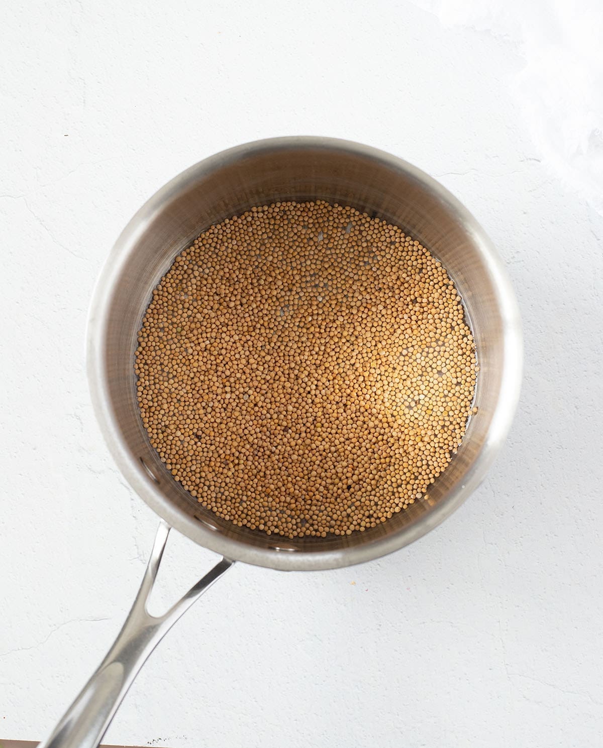 yellow seeds in a silver pan with water.
