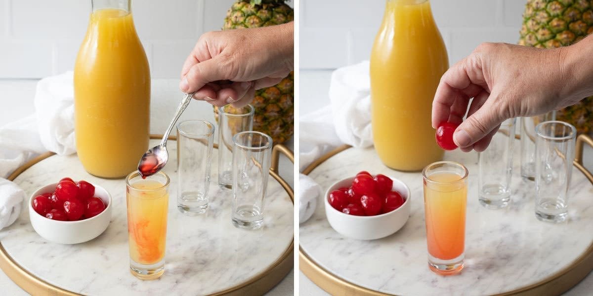 Side by side photos showing small glasses filled with a tropical drink being topped with grenadine and cherries.