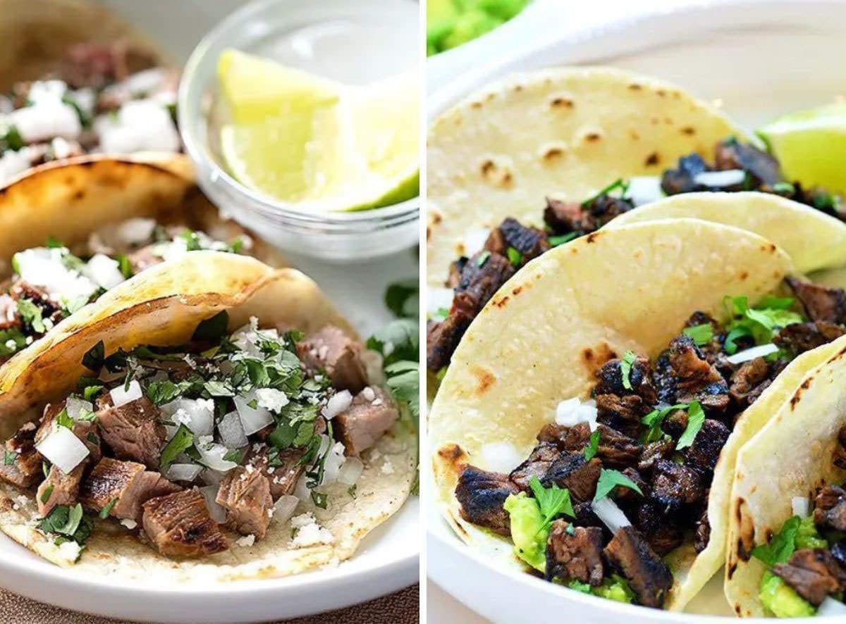 Side by side photo of tacos with a variety of taco toppings.