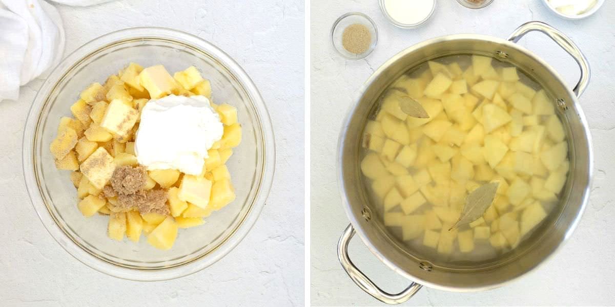 Side by side photos showing boiling potatoes and a bowl of potatoes with other ingredients.