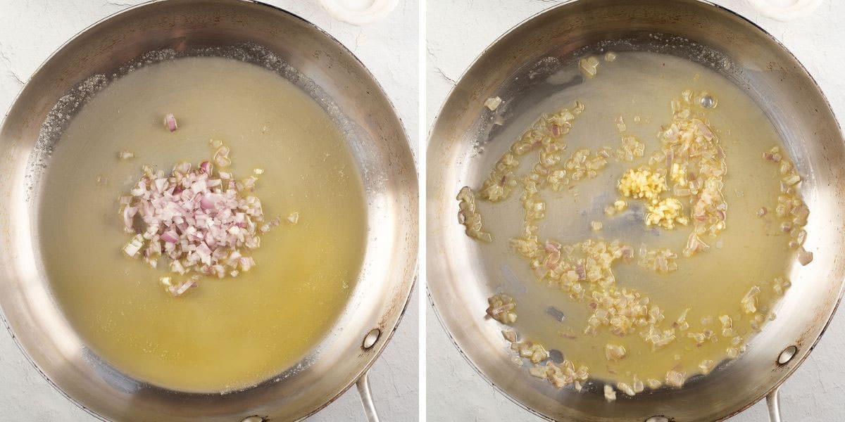 Side by side photo showing the cooking of onions and garlic in a silver skillet.