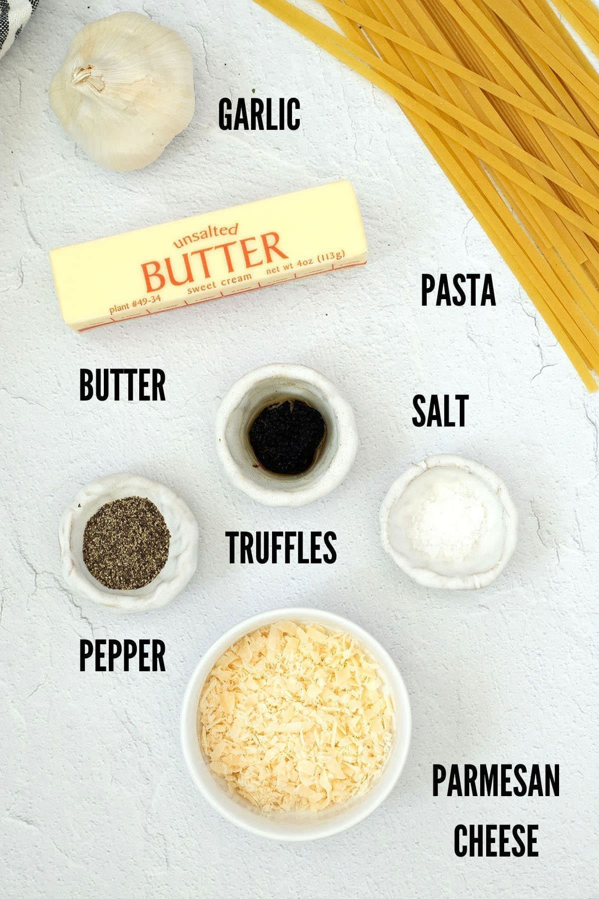 Labeled photo showing ingredients needed to make truffles with pasta.