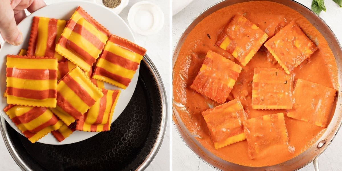 Side by side photos showing uncooked ravioli vs cooked and sauced ravioli.