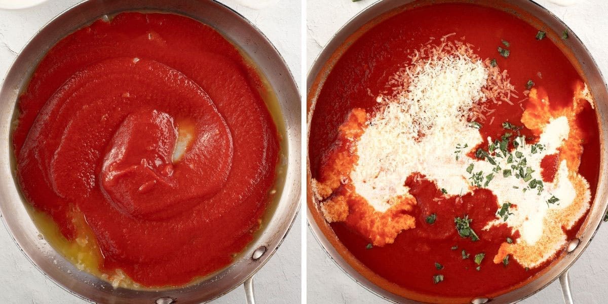 Side by side photos showing tomato sauce and cream in a silver skillet.