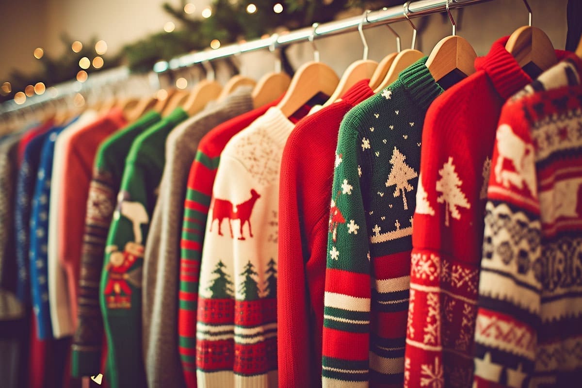 ugly christmas sweaters hanging in a closet.