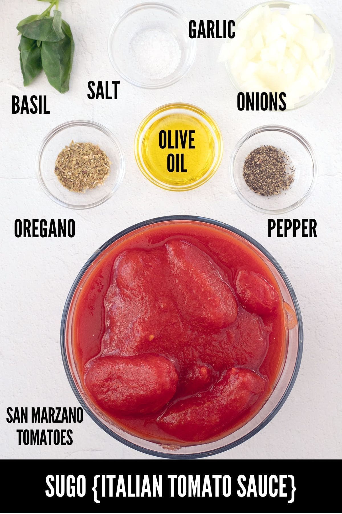 Labeled photo showing ingredients needed to make sugo.