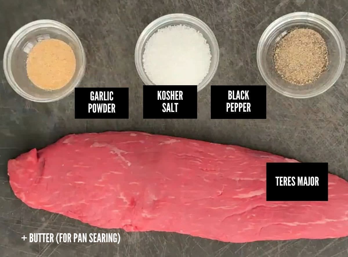 labeled photo with teres major steak and seasonings.