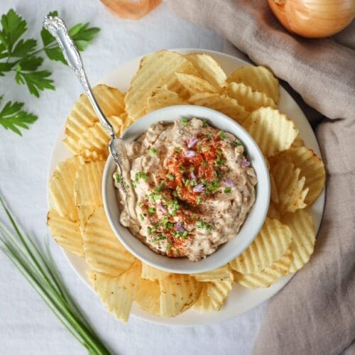 French onion dip with potato chips.