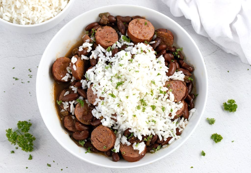 Bowl full of instant pot red beans and rice.