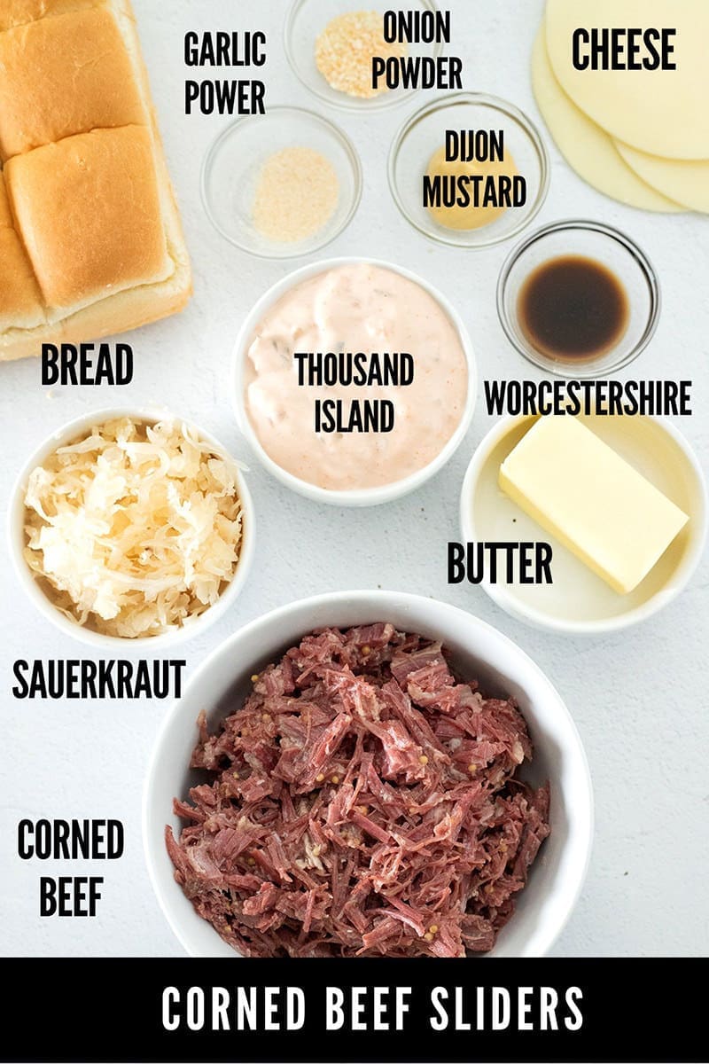 Labeled photo showing the ingredients to make corned beef sliders.