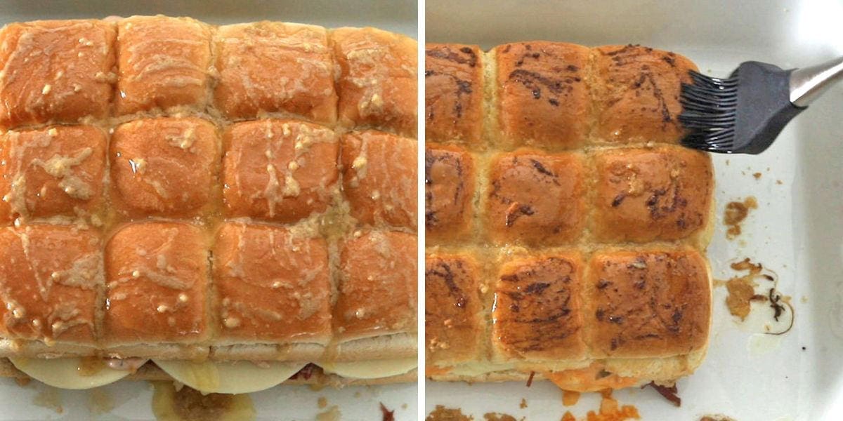 Side by side photos showing the unbaked and then baked versions of reuben sliders.