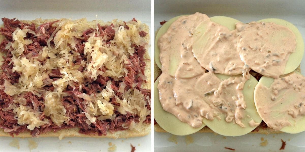 Side by side photos showing the building of a reuben slider.