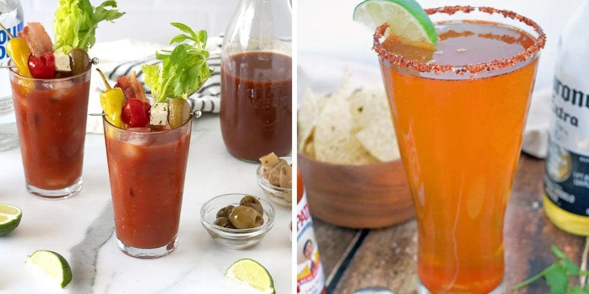 Side by side pictures of the Michelada vs Bloody Mary.