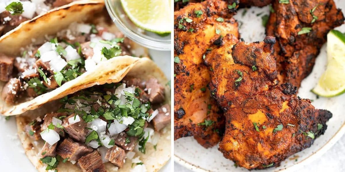 Side by side photos of pollo Asado vs Carne Asada.