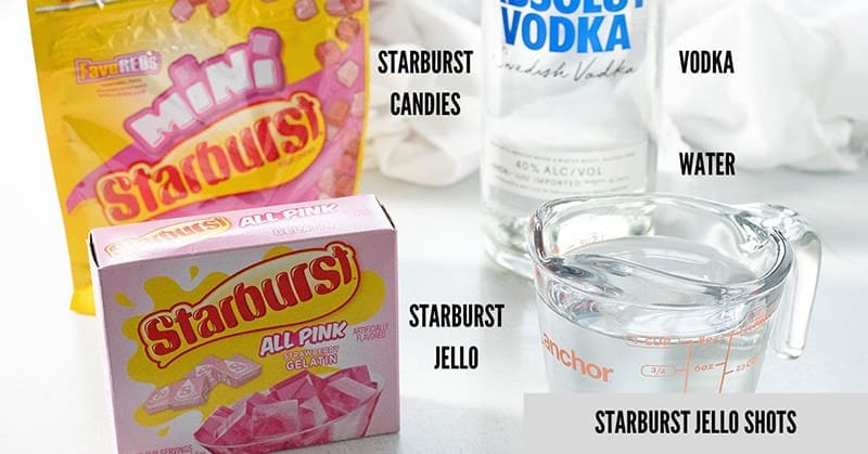 Individual ingredients needed to make jello shots with Starburst Jello.
