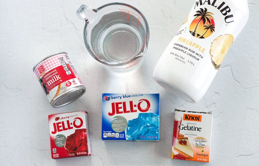 ingredients needed to make red white and blue jello shots.