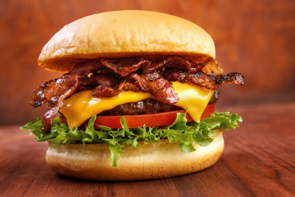Hamburger on a cutting board.