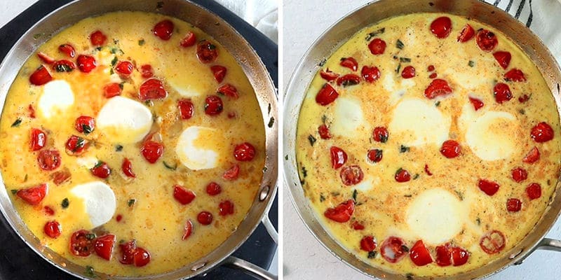 Side by side photo showing an uncooked egg dish and a cook egg dish.