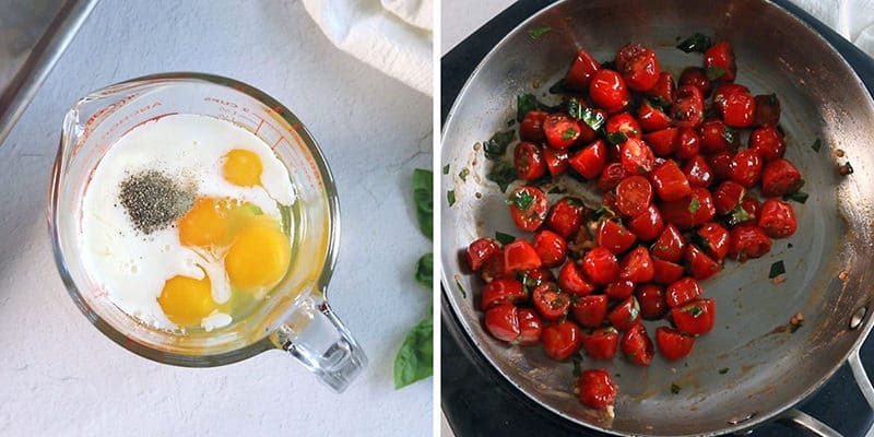 Side by side photos of eggs and tomatoes.