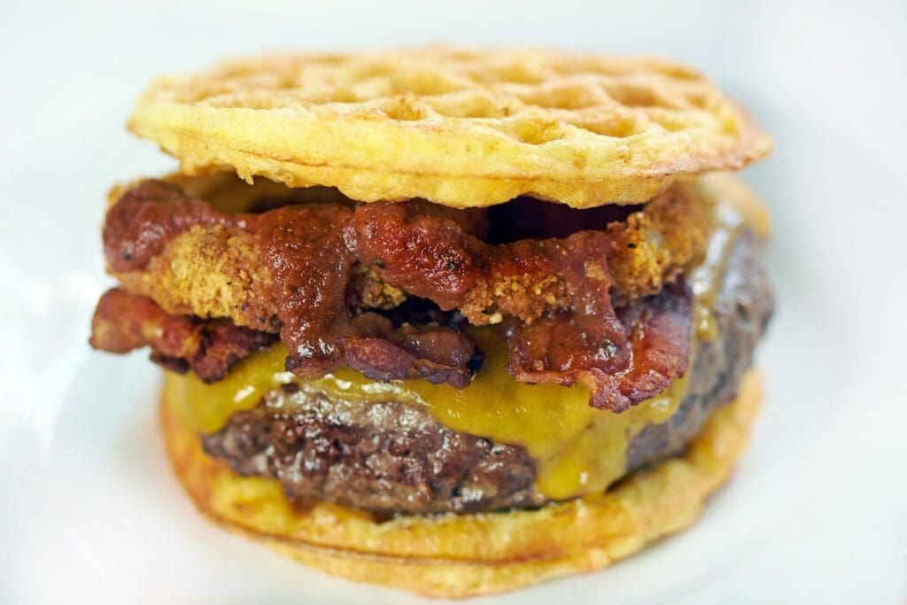 Western Bacon Chaffle on a white plate.