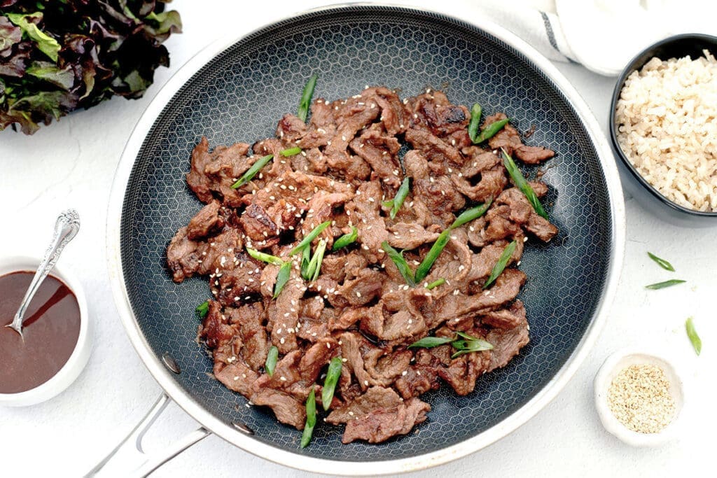 Skillet full of Beef Bulgogi.