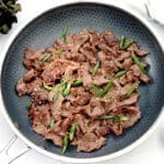 Skillet full of Beef Bulgogi.