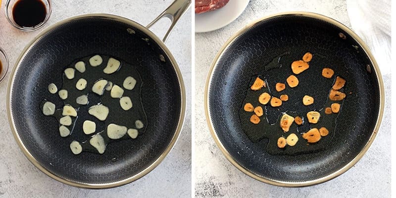 Side by side photos of uncooked and cooked garlic chips.