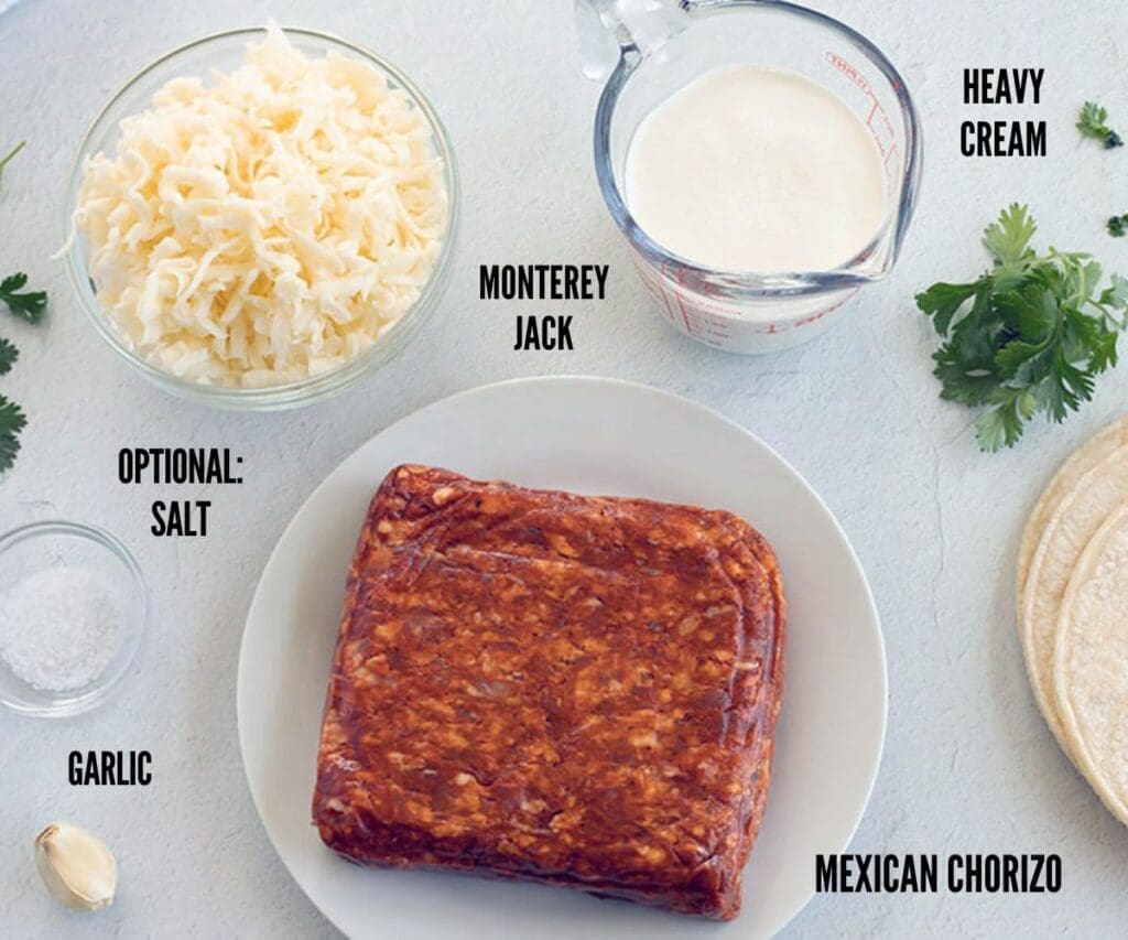 Labeled photo of the ingredients to make Choriqueso.