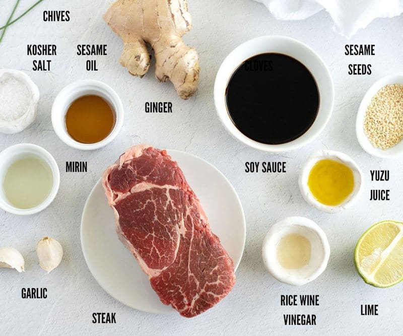 Individual ingredients needed to make steak tataki.