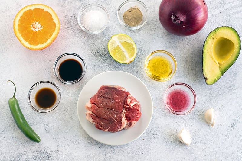 Individual ingredients needed to make steak aguachile.