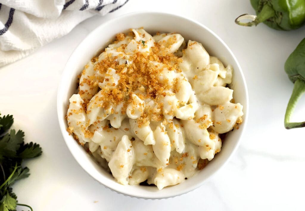 Green Chile Mac and Cheese in a white bowl.