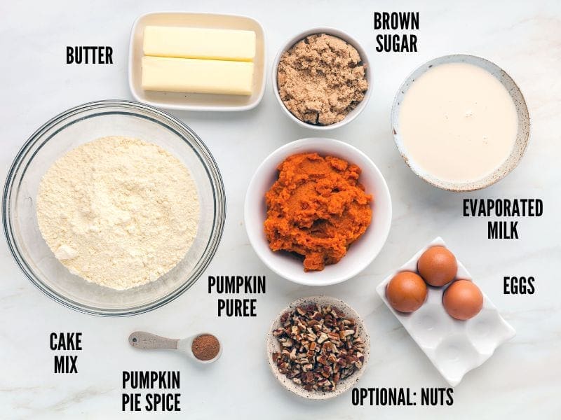 Labeled photo with individual ingredients needed to make easy Pumpkin Dump Cake.