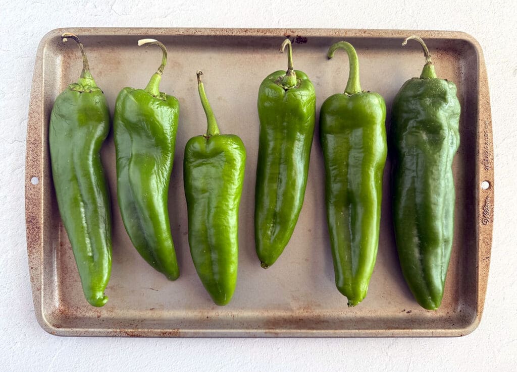 Green Peppers on a baking sheet.