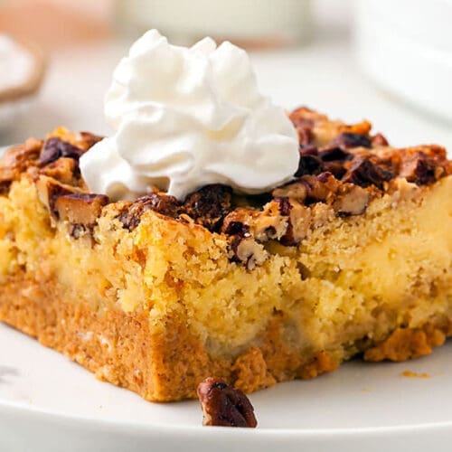 Pumpkin Dump Cake topped with whipped cream on a white plate.