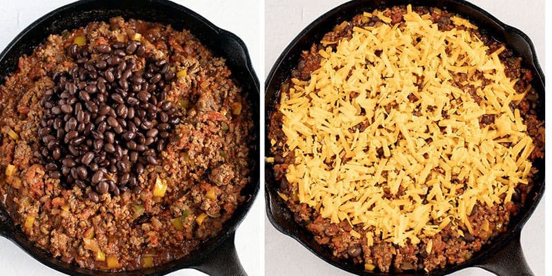 Side by side photos of a skillet cooking chili and cheese. 