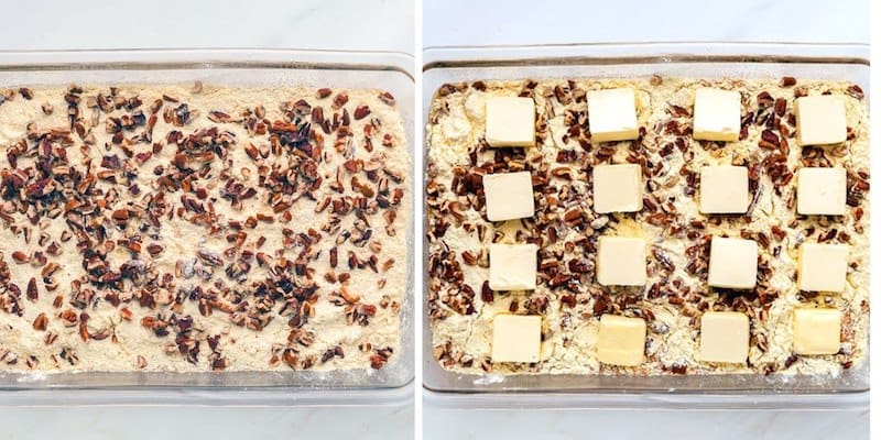 Side by side photo showing nuts on a cake mix and butter on a cake mix.