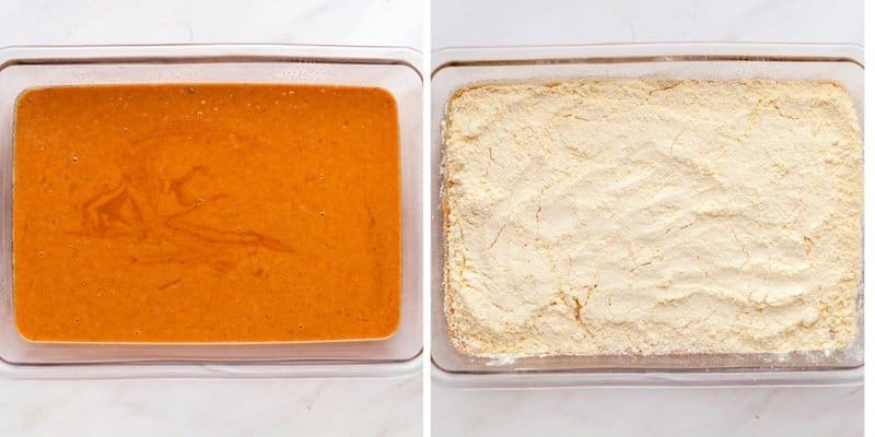 Side by side photo showing Orange cake mix on the left and it topped with cake mix on the right.