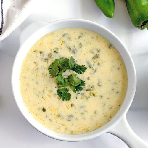 Green Chile Queso with chips and cilantro.