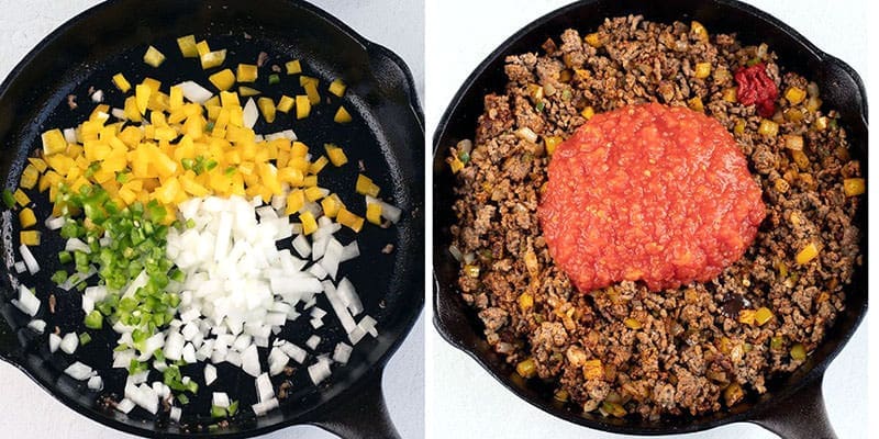 Side by side photos of a skillet cooking vegetables and meat.