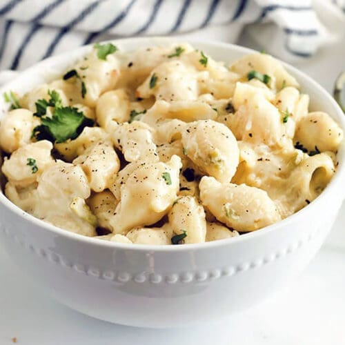 Green Chile Macaroni and Cheese in a white bowl.