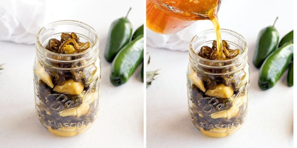 side by side photo showing mason jar filled with peppers and then syrup getting poured into the jar.