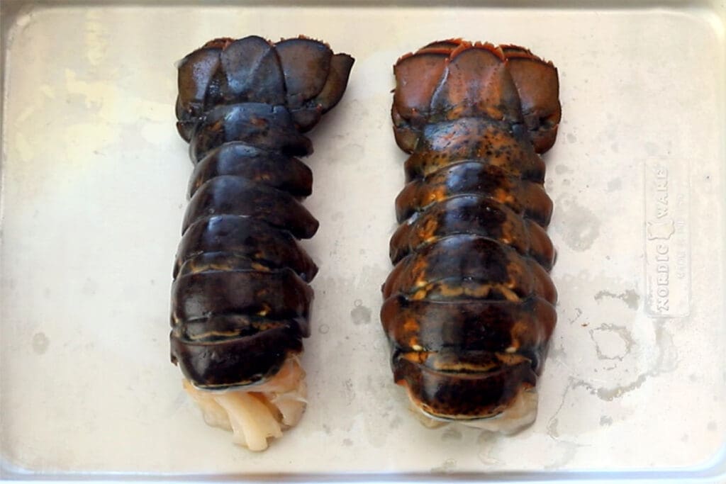 Two lobster tails on the top of a 