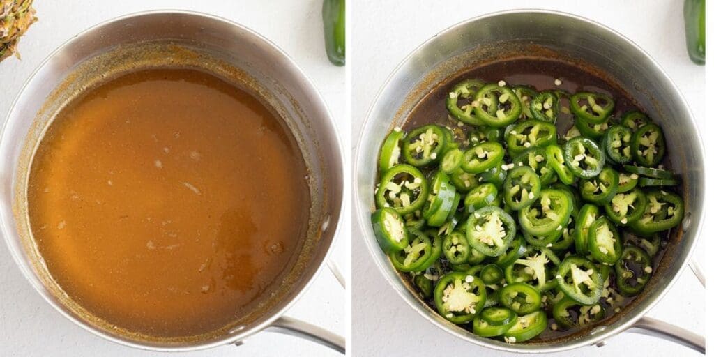 Side by side photo showing candy syrup in a pan with jalapenos added.