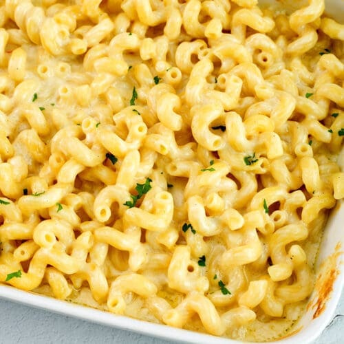 Macaroni and Cheese With Gouda in a white baking pan.